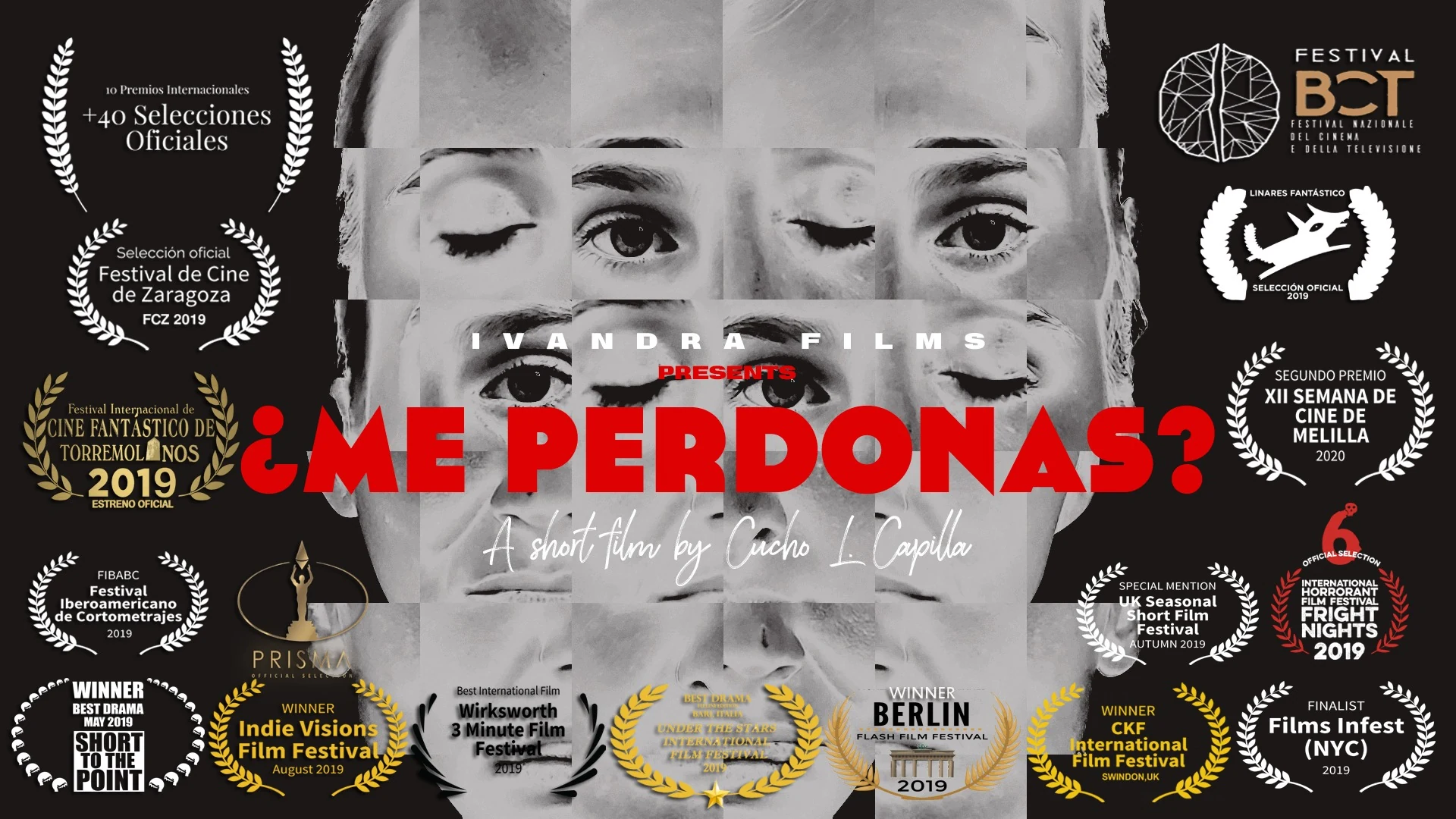 Cartel horizontal con premios y selecciones internacionales de ¿Me perdonas?